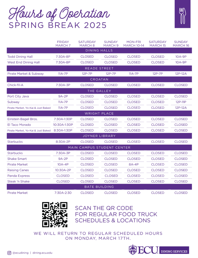 Spring Break hours of operation, March 7th through March 16th. 